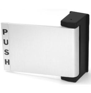 Commercial push paddle installed on an aluminum glass door for ADA-compliant egress in Denver businesses.