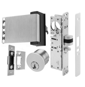 Full set of commercial door hardware for aluminum storefront entry, including push paddle and mortise lock.
