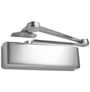 Surface-mounted commercial door closer used for controlled closing in business entryways and exit doors.