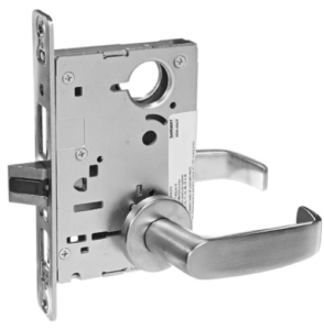 Heavy-duty commercial mortise lock with curved lever handle for business door installation and rekeying in Denver