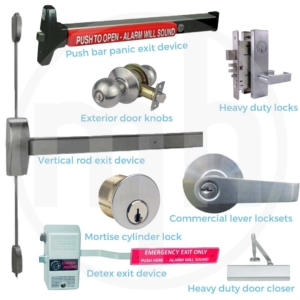 Various commercial door hardware types including panic bars, mortise locks, lever handles, and exit devices—commonly rekeyed for business access control.