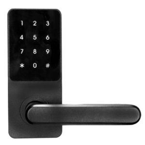 Smart keypad lever lock used for commercial keyless entry and programmable access control.