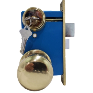Marks surface-mounted lock with brass knob and key cylinder, commonly rekeyed in apartments and gated entries.
