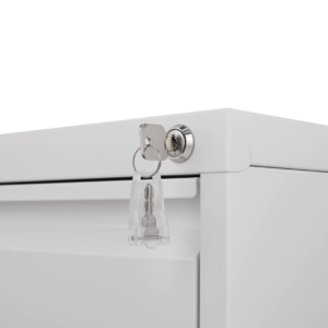 Close-up of a key inserted into a cam lock on a white cabinet—commonly rekeyed in offices and storage areas.