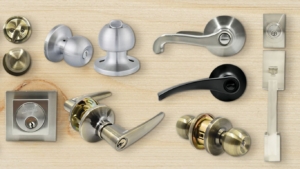 Assorted door locks including knobs, levers, and deadbolts commonly rekeyed in homes and businesses.