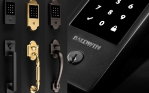 Close-up of Baldwin smart locks featuring a keypad entry system, keyhole access, and three different finish options, available for installation and repair in Colorado.
