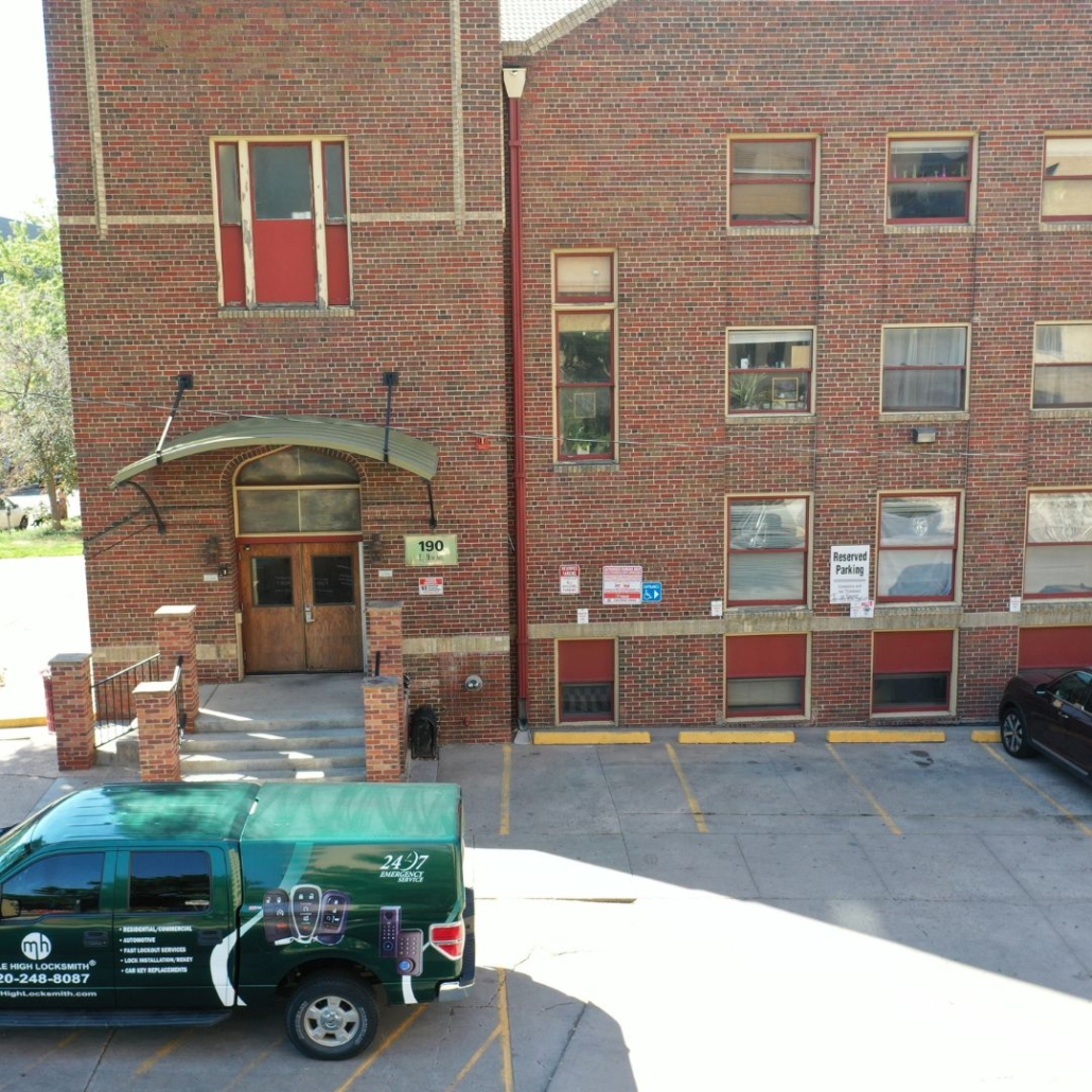 Mile High Locksmith® service truck parked at the company’s main location at 190 E 9th Ave, Denver, ready to provide mobile locksmith services.