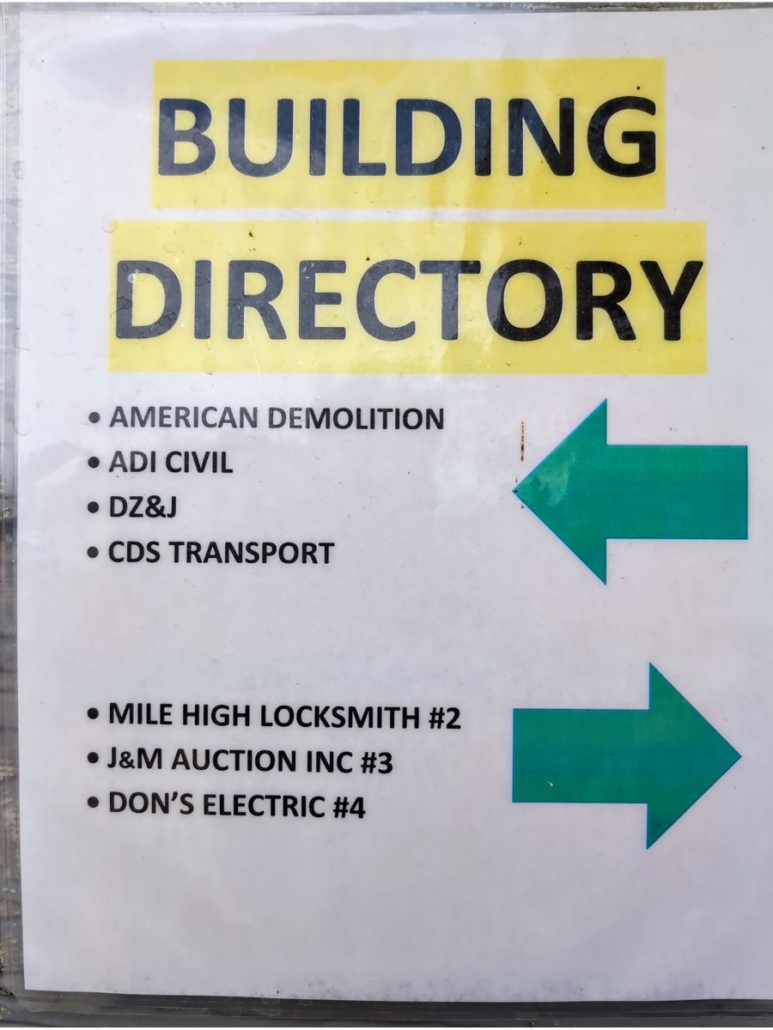Directory sign listing Mile High Locksmith® in Suite 2 at 401 N Kuner Rd, Brighton—confirming our office location for mobile locksmith service near you.