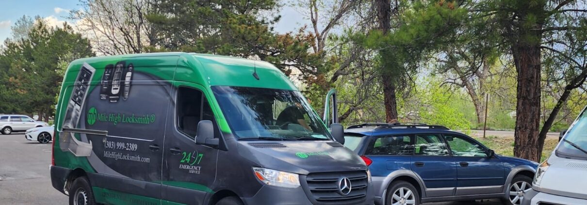 Mile High Locksmith van parked outside a customer location in Denver